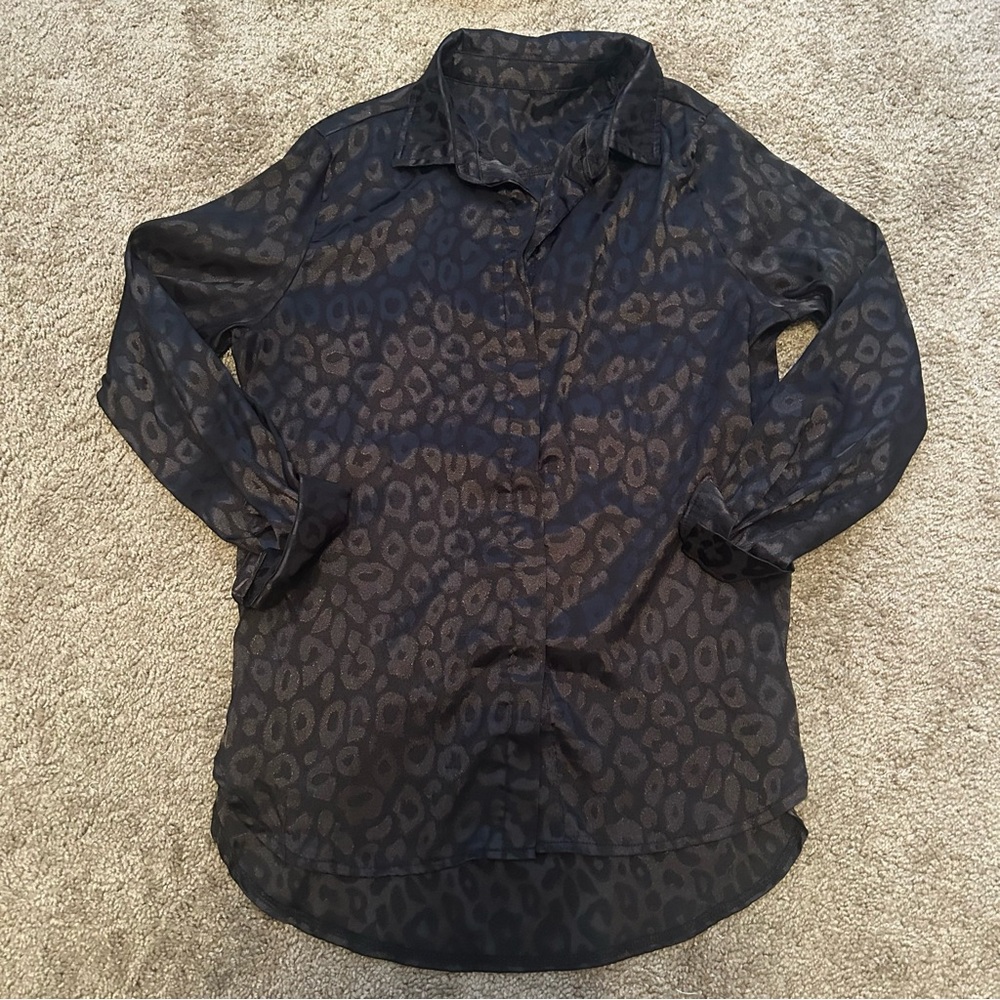 Black satin cheetah button down collared shirt size medium